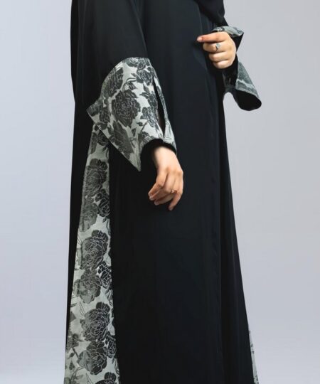 Noir Blossom Net Panel Abaya Set