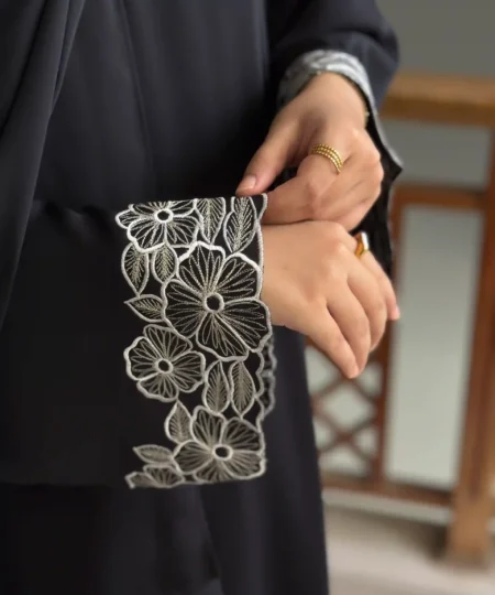 Black Nida Abaya with Embroidered Sleeves