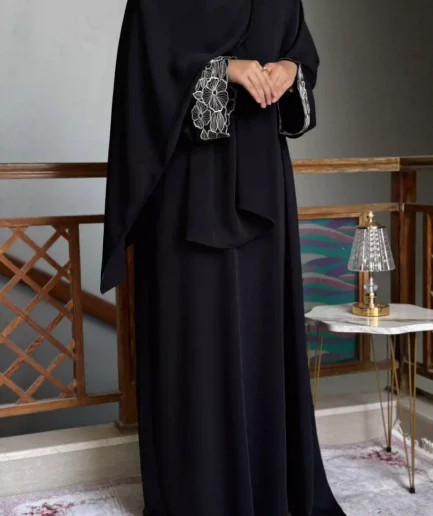 Black Nida Abaya with Embroidered Sleeves