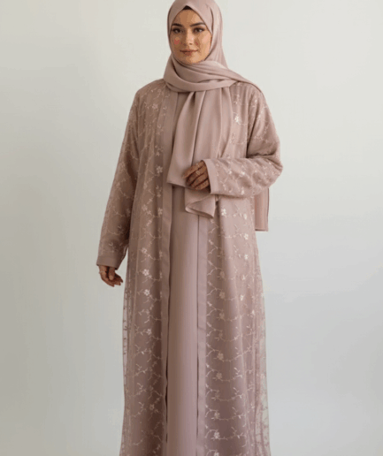 Blush Pink Net Embellished Abaya Set-Premium Georgette Collection