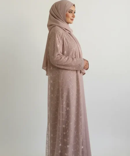 Blush Pink Net Embellished Abaya Set-Premium Georgette Collection