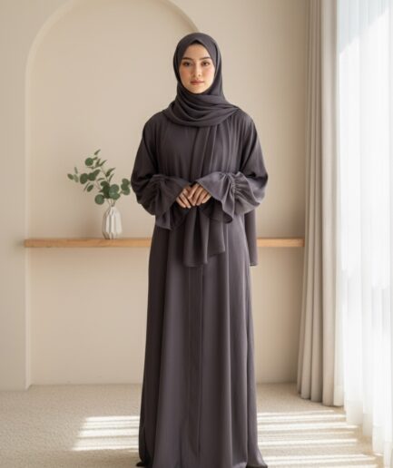 Elegant Grey Nida Abaya with Matching Scarf-Premium Flowy Design