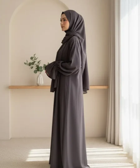 Elegant Grey Nida Abaya with Matching Scarf-Premium Flowy Design