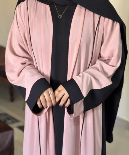 Premium Two-Tone Open Abaya Pink & Black Nida Set