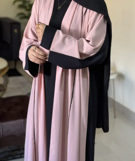 Premium Two-Tone Open Abaya Pink & Black Nida Set