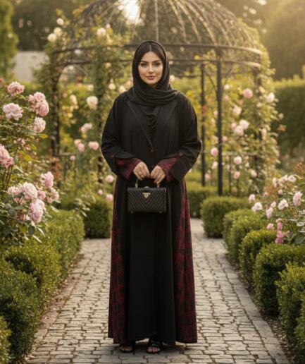Black & Mehroon Coat Collar Abaya – Wool Nida Winter Upper