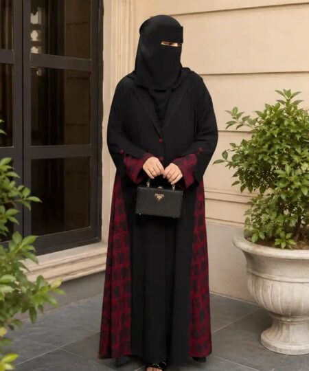 Black & Mehroon Coat Collar Abaya – Jett Black Nida Upper