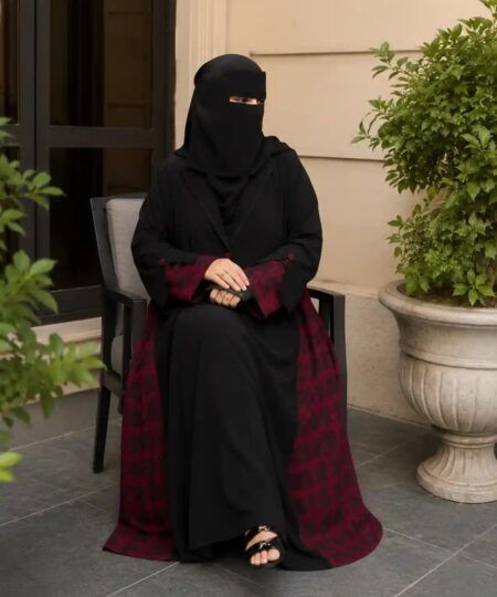 Black & Mehroon Coat Collar Abaya – Jett Black Nida Upper