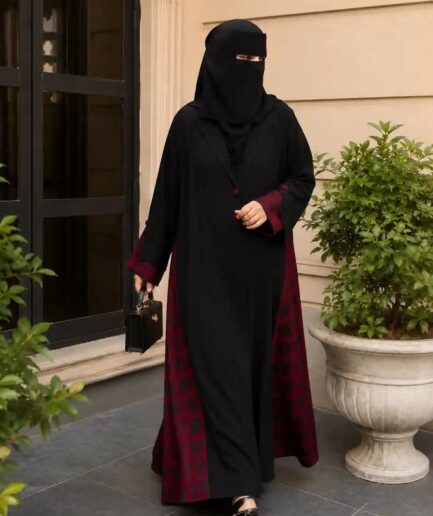 Black & Mehroon Coat Collar Abaya – Jett Black Nida Upper