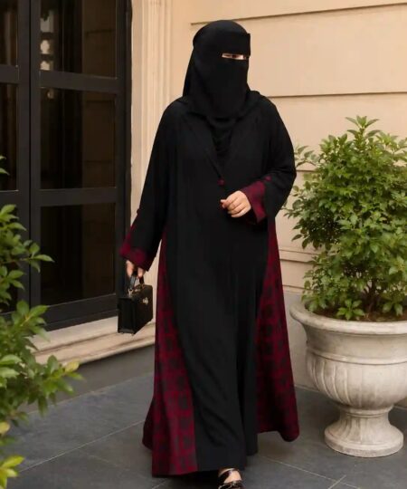 Black & Mehroon Coat Collar Abaya – Jett Black Nida Upper