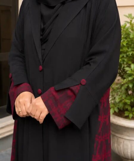 Black & Mehroon Coat Collar Abaya – Jett Black Nida Upper