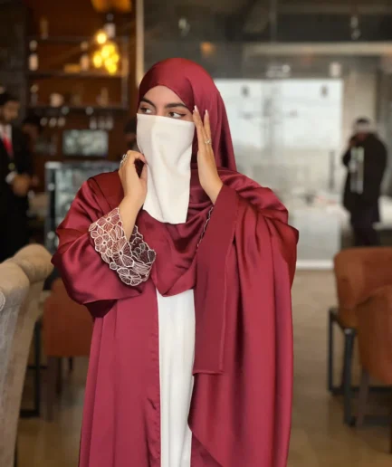 Maroon Elegant 3-Piece Abaya Set with Sleeveless Inner & Matching Scarf