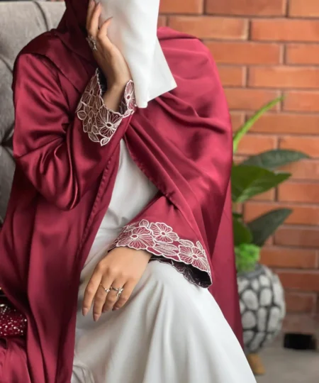 Maroon Elegant 3-Piece Abaya Set with Sleeveless Inner & Matching Scarf