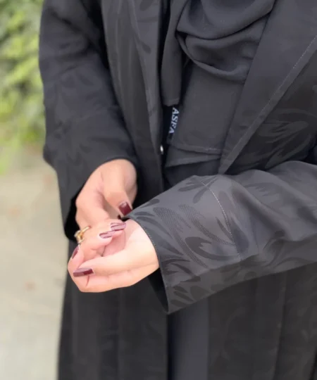Black Self Print Coat Collar Abaya