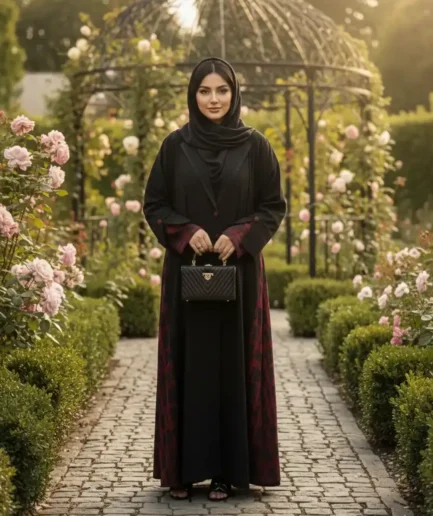 Black & Mehroon Coat Collar Abaya – Wool Nida Upper
