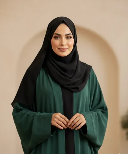 Dark Green Nida Abaya Set with Black Inner & Scarf