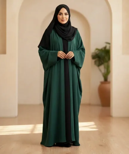 Dark Green Nida Abaya Set with Black Inner & Scarf