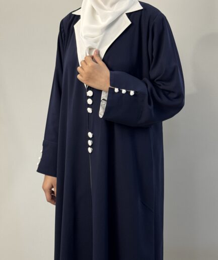 Navy Blue Coat Collar Abaya – 3 Piece Classic Set