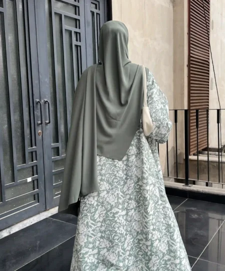 Olive Green Nida 3-Piece Abaya Set with Printed Upper & Scarf