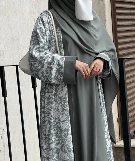 Olive Green Nida 3-Piece Abaya Set with Printed Upper & Scarf
