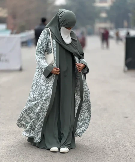 Olive Green Nida 3-Piece Abaya Set with Printed Upper & Scarf