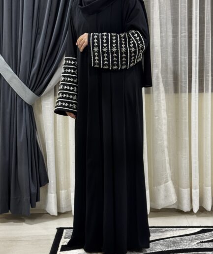 Jet Black Front Open Abaya with Embellished Sleeves