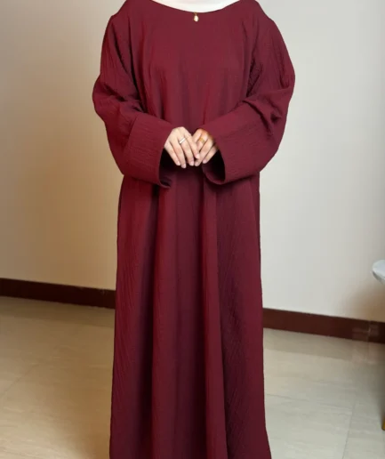 Mehroon Textured Round Neck Front Close Abaya