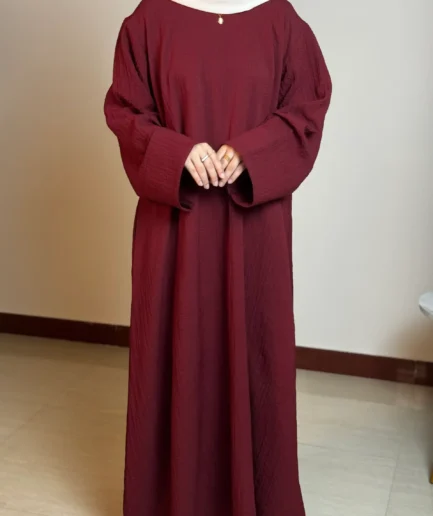 Mehroon Textured Round Neck Front Close Abaya