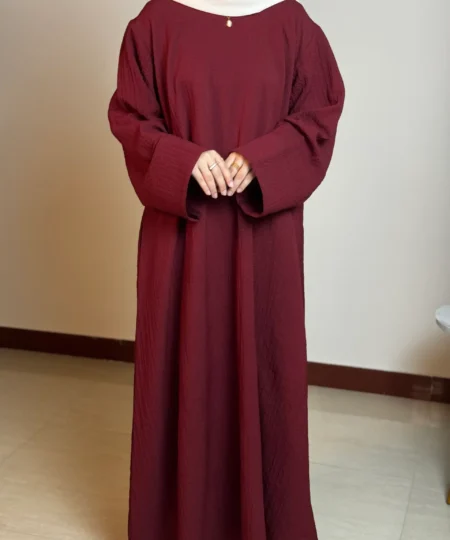 Mehroon Textured Round Neck Front Close Abaya