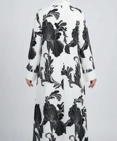Elegance in Monochrome: Off-White Printed Abaya Set