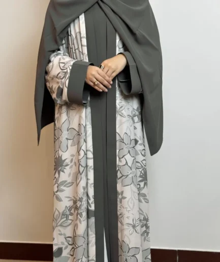 Botanical Print Three-Piece Nida Abaya Set – Greenish Grey
