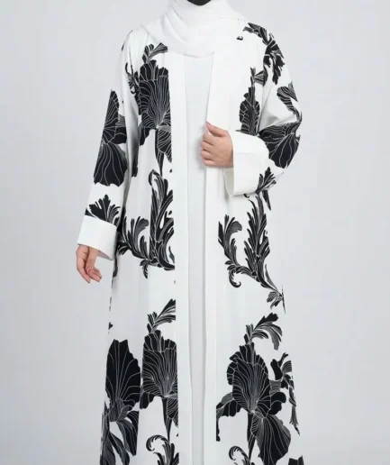 Elegance in Monochrome: Off-White Printed Abaya Set