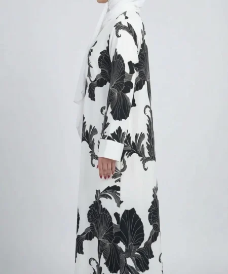 Elegance in Monochrome: Off-White Printed Abaya Set