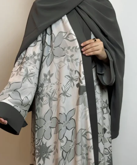 Botanical Print Three-Piece Nida Abaya Set – Greenish Grey