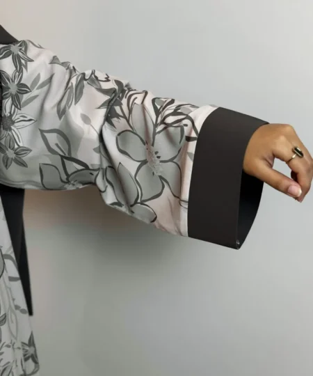 Botanical Print Three-Piece Nida Abaya Set – Greenish Grey