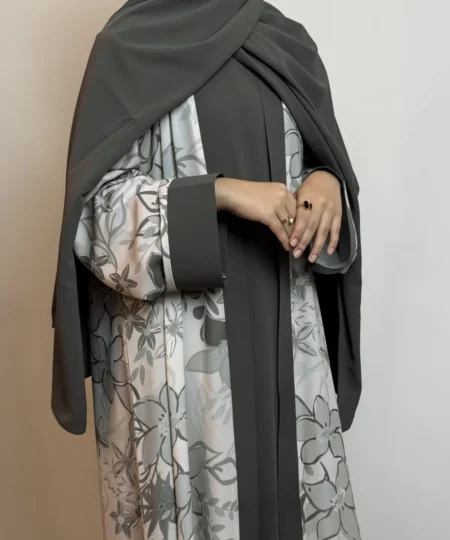 Botanical Print Three-Piece Nida Abaya Set – Greenish Grey