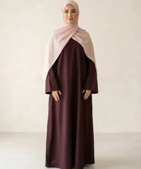Maroon Linen-Texture Abaya with Soft Rose Georgette Scarf