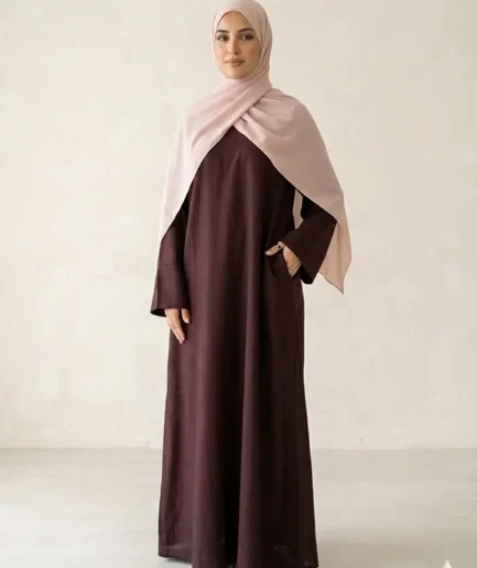 Maroon Linen-Texture Abaya with Soft Rose Georgette Scarf