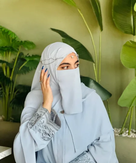 Ice Blue Nida Abaya with Artisanal Embroidery