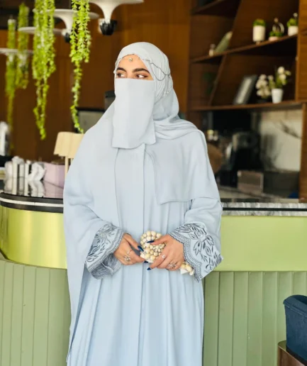 Ice Blue Nida Abaya with Artisanal Embroidery