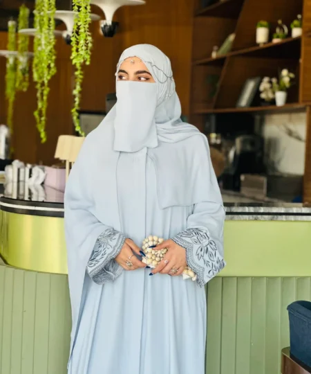Ice Blue Nida Abaya with Artisanal Embroidery