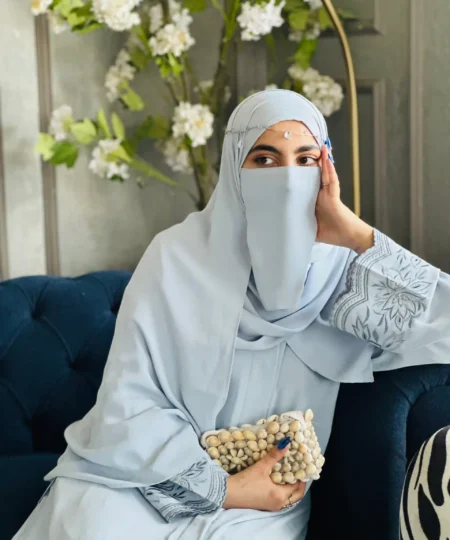 Ice Blue Nida Abaya with Artisanal Embroidery