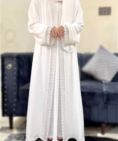Elegant 3-Piece Off-White Lace Abaya Set