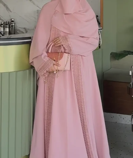 Nude Pink Lace Elegance 3-Piece Abaya Set