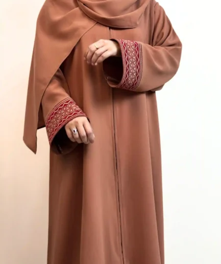 Rust Nida Abaya with Embroidered Cuffs