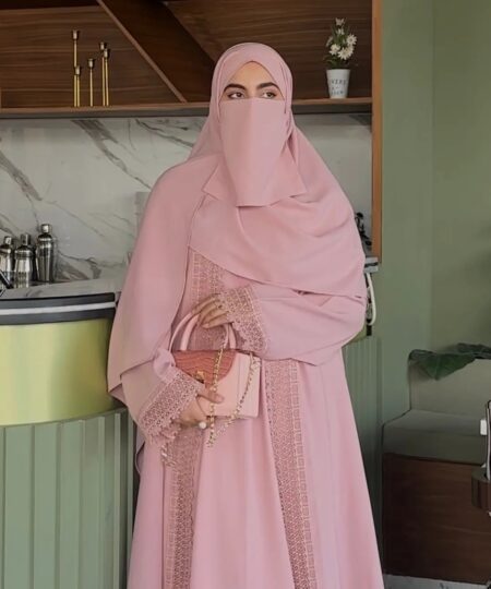 Nude Pink Lace Elegance 3-Piece Abaya Set