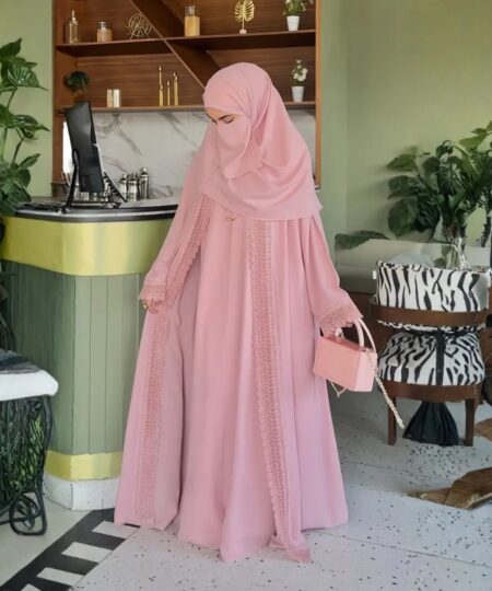 Nude Pink Lace Elegance 3-Piece Abaya Set