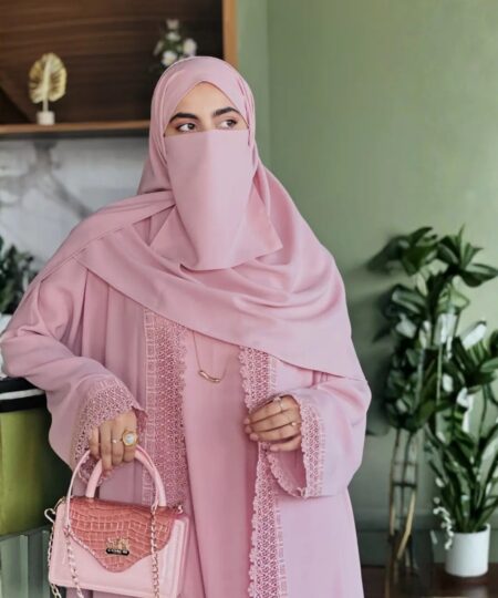 Nude Pink Lace Elegance 3-Piece Abaya Set