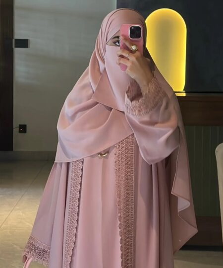 Nude Pink Lace Elegance 3-Piece Abaya Set