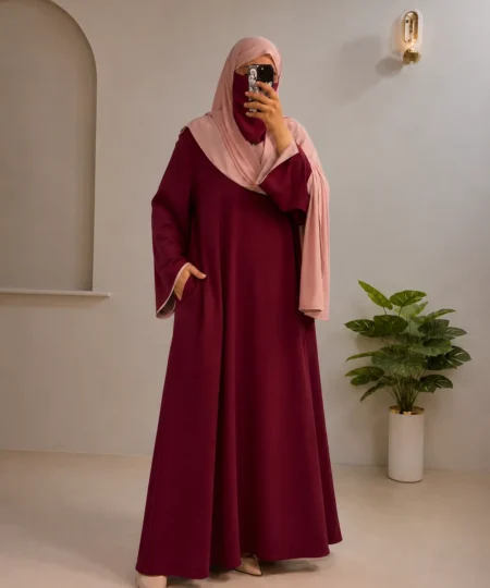 Maroon & Light Pink Textured Abaya Set